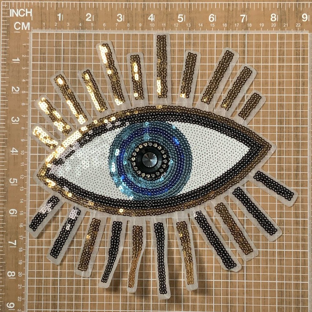 Large Sequins Evil Eye With 3D Center Jewel Iron On Black Blue Gold - Picture 4 of 6